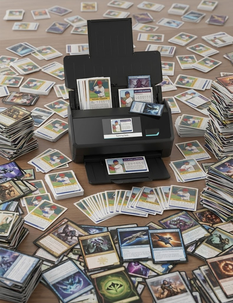 Bulk document scanner feeding a stack of trading cards, surrounded by scanned and sorted piles