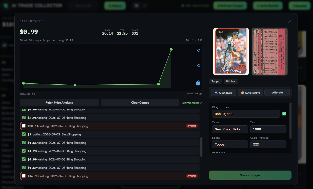 AI Trade Collector price comps panel
