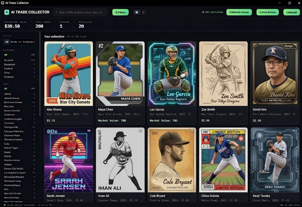 AI Trade Collector app — scanned card collection grid